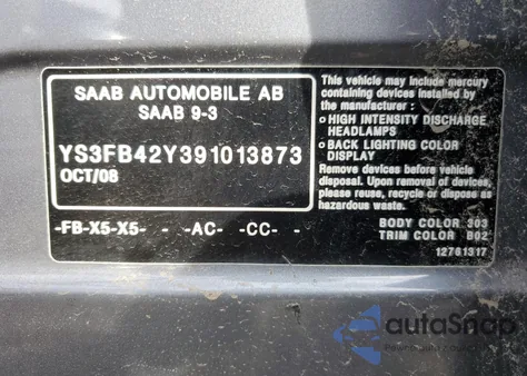 2009 Saab 9-3 2.0T from USA, damaged, VIN YS3FB42Y391013873